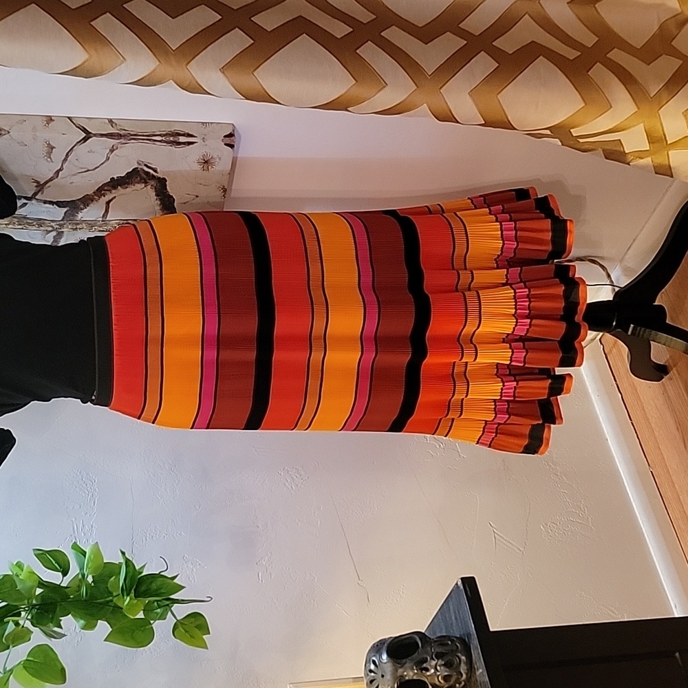 J Crew pleated, swing, 70s, rust, orange, pink flowy midi skirt